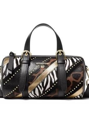 Michael Kors Black, Brown & Gold Animal-Print crossbody barrel satchel
